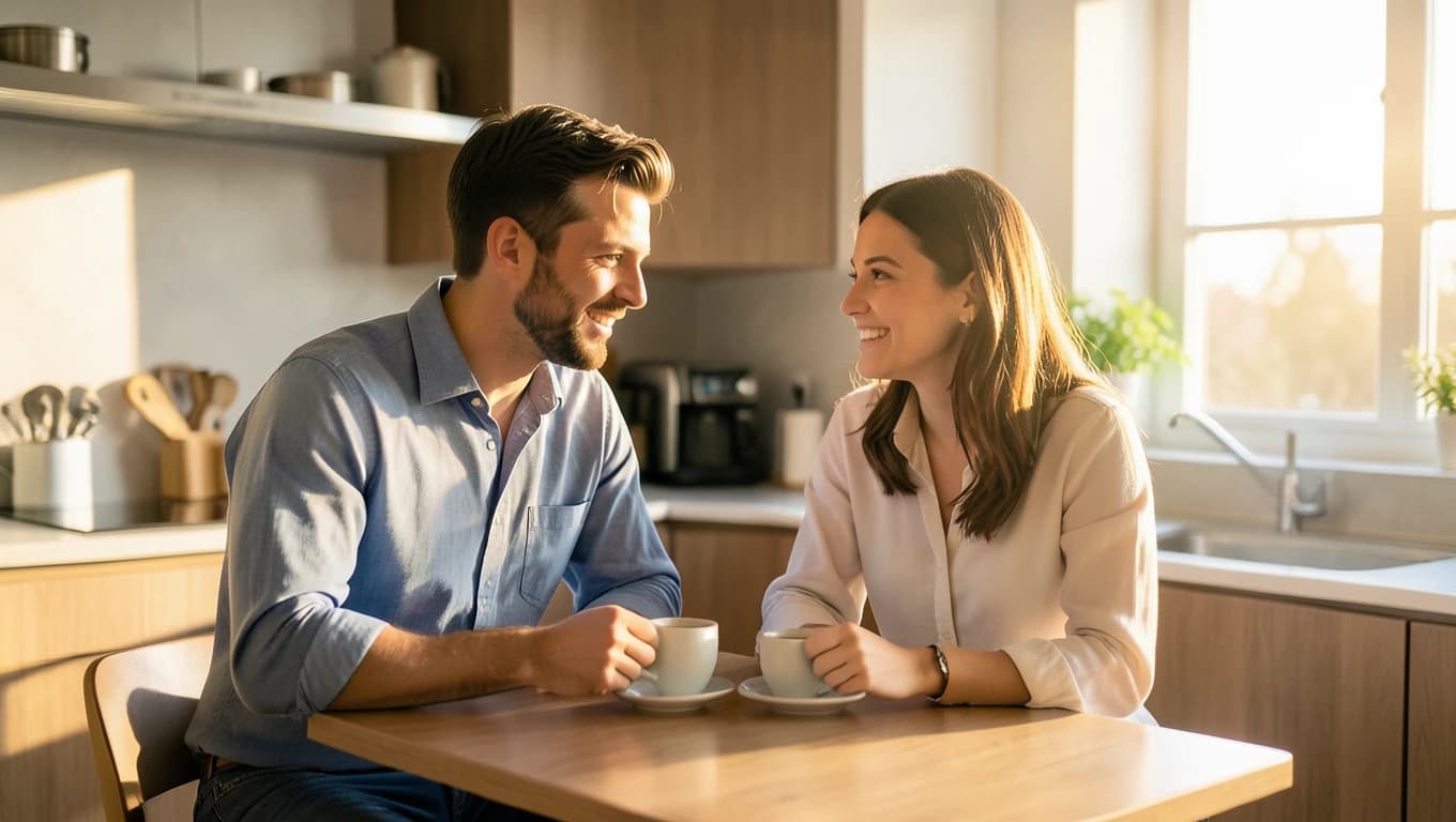 Busy couple sharing morning coffee together