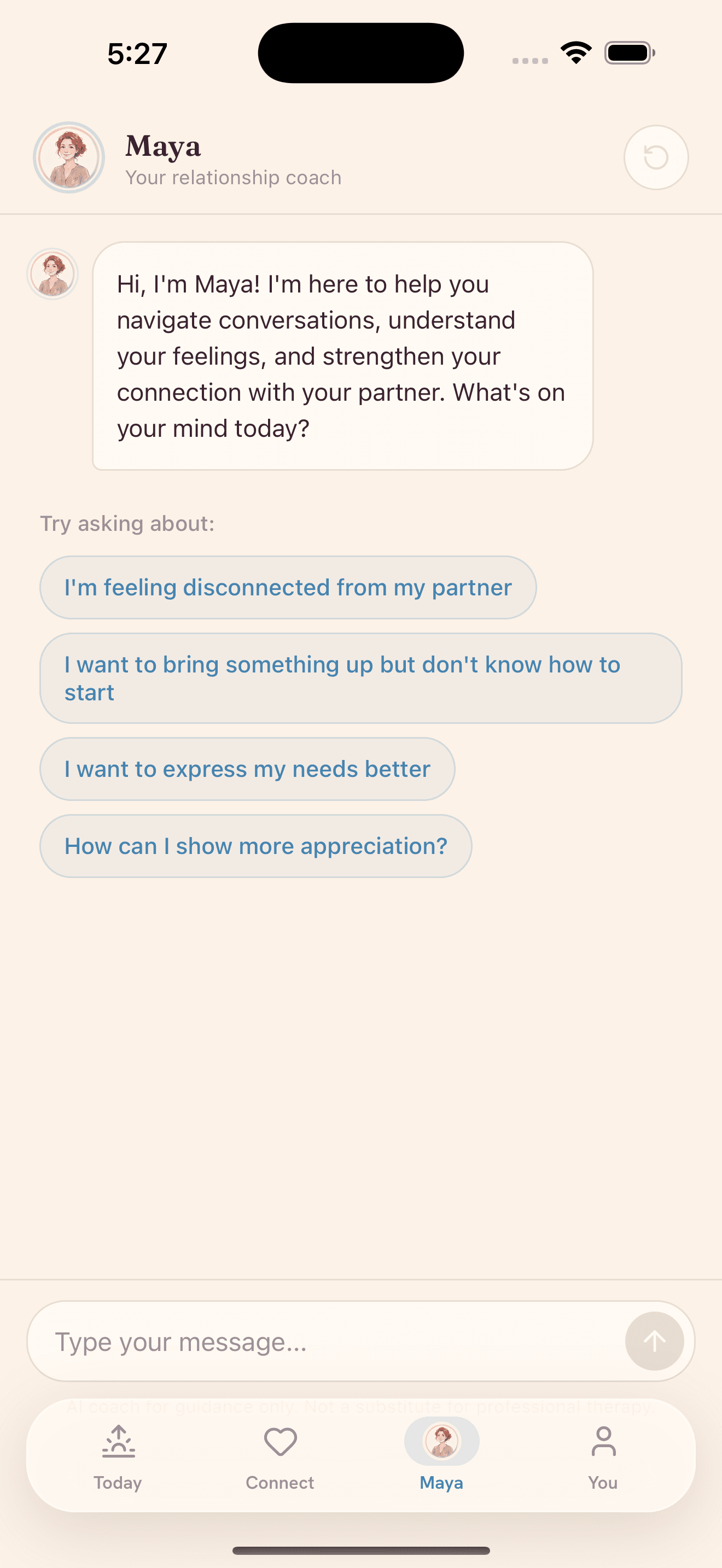A private conversation with Maya in the Maya mobile app